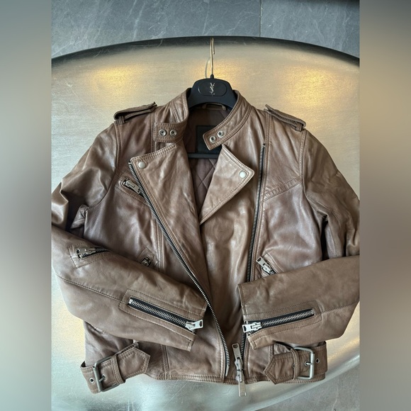 AllSaints Lamb Leather Biker Jacket Natural Pointed Collar Padded Inside US 10 - Picture 8 of 16